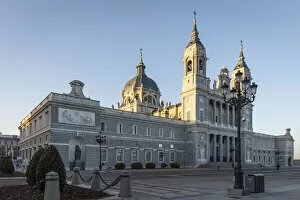 Images Dated 31st May 2022: Spain, Madrid, Plaza de la Armeria, The front facade of the Almudena Cathedral
