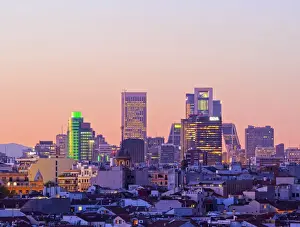 Spain, Madrid, View of business districts of AZCA and CTBA at dusk
