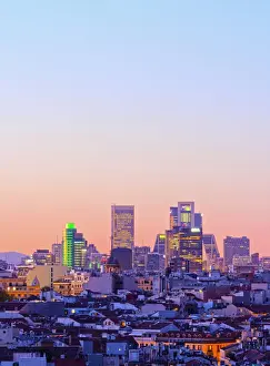 Technology Prints: Spain, Madrid, View of business districts of AZCA and CTBA at dusk
