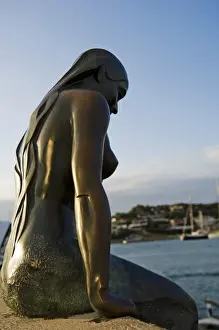 Mermaid Prints: Spain, Menorca, Mahon. Statue of a mermaid looks out over Mahon Harbour