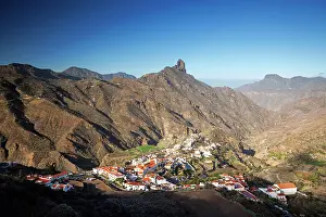 Tejeda Prints: Spectacular mountain scenery and Roque Bentayga with Tejeda town in Central Gran Canaria