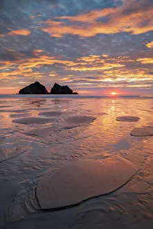 Holywell Bay Prints: Spectacular sunset above Holywell Bay in North Cornwall, England. Summer (July) 2018