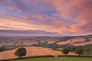 Spectacular sunset above rolling Devon countryside, Stockleigh Pomeroy, Devon, England