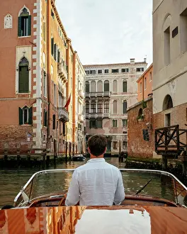 Water Taxi Prints: Speedboat water taxi through canals of Venice, Veneto, Italy