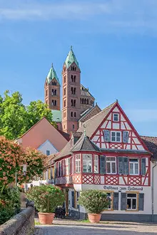 Way Of St Prints: Speyer Cathedral with restaurant in half-timbered house