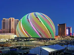 Venue Prints: The Sphere, Exosphere is nightly used to display art and advertising Aerial View of Skyline