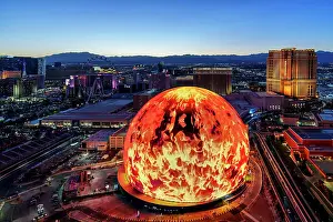 Nevada Prints: The Sphere, Exosphere is nightly used to display art and advertising Aerial View of Skyline