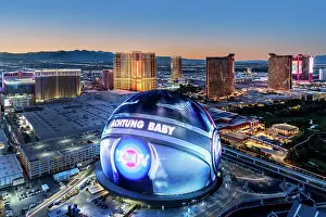 Nevada Prints: The Sphere, Exosphere is nightly used to display art and advertising Aerial View of Skyline