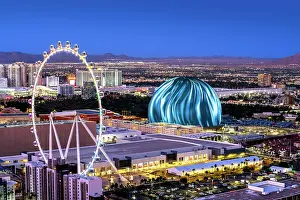 Nevada Prints: The Sphere, Exosphere is nightly used to display art and advertising Aerial View of Skyline