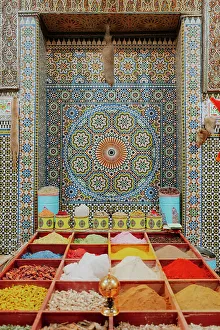Pepper Prints: Spices and colorful wall, Fez, Morocco