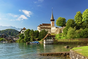 Lake Thun Prints: Spiez Castle Church and Lake Thun, Spiez, Canton of Bern, Switzerland
