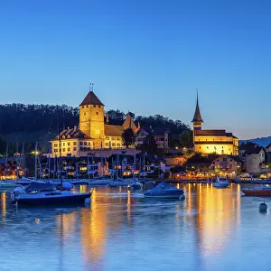 Dock Prints: Spiez Castle at dusk, Spiez, Canton of Bern, Switzerland