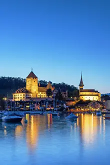 Lake Thun Prints: Spiez Castle at dusk, Spiez, Canton of Bern, Switzerland