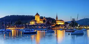 Lake Thun Prints: Spiez Castle at dusk, Spiez, Canton of Bern, Switzerland