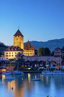 Lake Thun Prints: Spiez Castle at dusk, Spiez, Canton of Bern, Switzerland
