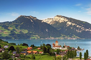 Lake Thun Prints: Spiez Castle with Niederhorn mountain in the background