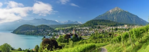 Lake Thun Prints: Spiez Castle, vineyards and Niesen mountain, Spiez, Canton of Bern, Switzerland