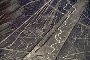 Ica Region Prints: Spirals Geoglyphs, aerial view, Nazca, Ica Region, Peru