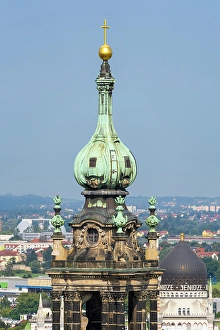 Saxony Prints: Spire with holy cross on top of Dresden Cathedral, Dresden, Saxony, Germany