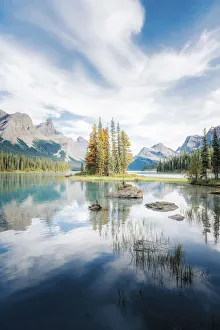 Copy Space Prints: Spirit Island trees and reflection, Maligne Lake, Jasper, Canadian Rockies, Canada