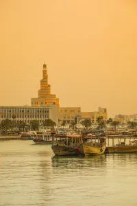 Images Dated 5th April 2019: Sprial mosque of the Qatar Islamic Centre and Dhow harbour, Doha, Qatar