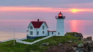 York Prints: Spring sunrise at Nubble Lighthouse, York, Maine, USA