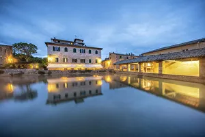 Geothermal Prints: Square of Sources thermal baths at dawn, Bagno Vignoni, Val, d'Orcia, Tuscany, Italy
