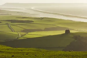 Abbotsbury Prints: St. Catherines Chapel with the Fleet and Chesil Beach, Dorset, England