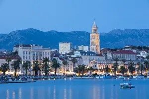 St. Domnius Cathedral Bell Tower & Stari Grad illuminated at dusk, Split, Central Dalmatia