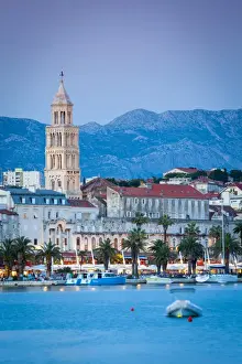 Former Yugoslavia Prints: St. Domnius Cathedral Bell Tower & Stari Grad illuminated at dusk, Split, Central Dalmatia