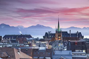 Images Dated 1st February 2013: St Francois Church and city skyline at sunset, Lausanne, Vaud, Switzerland