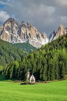 Odle Prints: St. Johann in Ranui church with Odle (Geislergruppe) mountain group behind