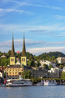 Dock Prints: St Leodegar Church and ferries, Lucerne, Switzerland