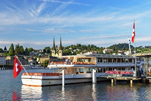 Ferry Prints: St Leodegar Church and ferry, Lucerne, Switzerland