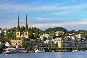 Ferry Prints: St Leodegar Church and Lake Lucerne, Lucerne, Switzerland