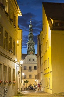 Marktplatz Prints: St Marien Church at dusk, Pirna, Saxony, Germany