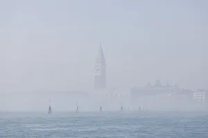 St Mark Prints: St Marks Bell Tower and Doges Palace in the mist; Venice, Veneto, Italy