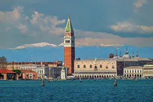 St Marks Prints: St Mark's Campanile and city skyline with snowy Alps in the background