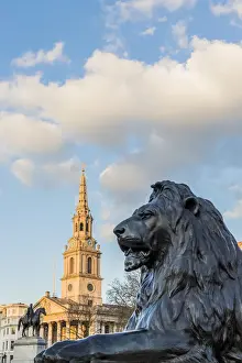 St Martins In The Fields Prints: St Martin in the Fields church and Lion statues in Trafalgar Square, London, England