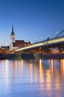 Bratislava Prints: St Martins Cathedral and New Bridge at dusk, Bratislava, Slovakia