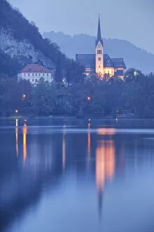 Images Dated 21st December 2020: St. Martins Church on shore of Lake Bled at dawn, Bled, Gorenjska, Julian Alps