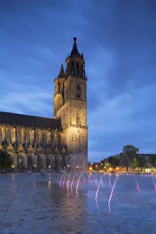 Magdeburg Prints: St Mauritius and St Katharina Cathedral at dusk, Magdeburg, Saxony-Anhalt, Germany