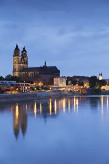 St Mauritius and St Katharina Cathedral and River Elbe at dusk, Magdeburg, Saxony-Anhalt