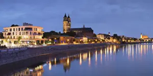 St Mauritius and St Katharina Cathedral and River Elbe at dusk, Magdeburg, Saxony-Anhalt