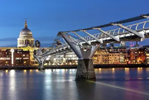 Millennium Bridge Prints: St Paul's Cathedral and the Millennium Bridge at twilight, London, England