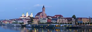 St. Pauls church & St. Stephans Cathedral illuminated at dusk, Passau, Lower Bavaria