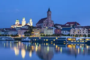 Ferry Prints: St. Pauls church & St. Stephans Cathedral illuminated at dusk, Passau, Lower Bavaria