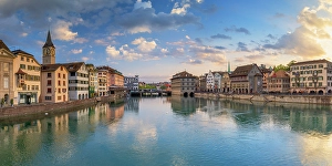 Spire Prints: St Peter Church and Limmat River at sunrise, Zurich, Switzerland
