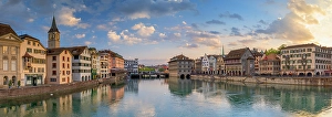 Limmat Prints: St Peter Church and Limmat River at sunrise, Zurich, Switzerland