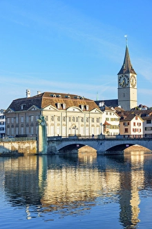 Limmat Prints: St Peter church and Munster Bridge on Limmat River, Zurich, Switzerland